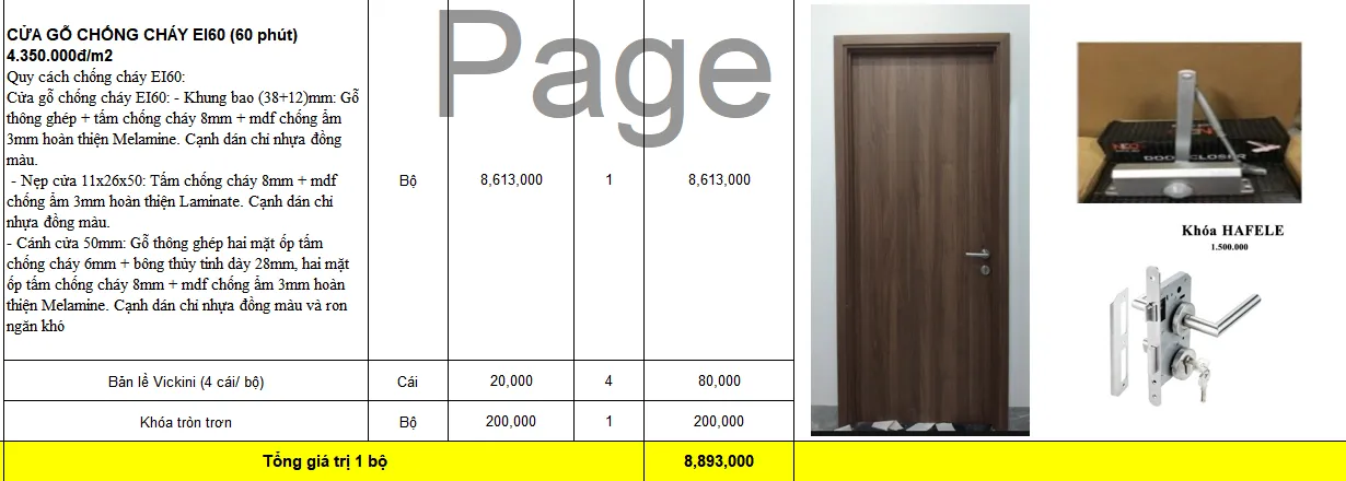 Bảng giá sơ bộ cửa gỗ chống cháy chung cư